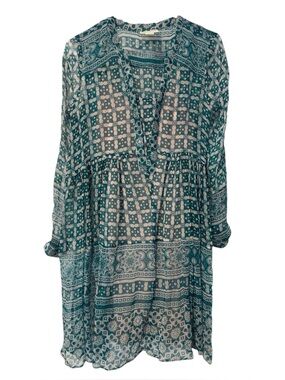 Anthropologie Maeve Canna Printed Boho Green Teal Sheer Dress Size 4